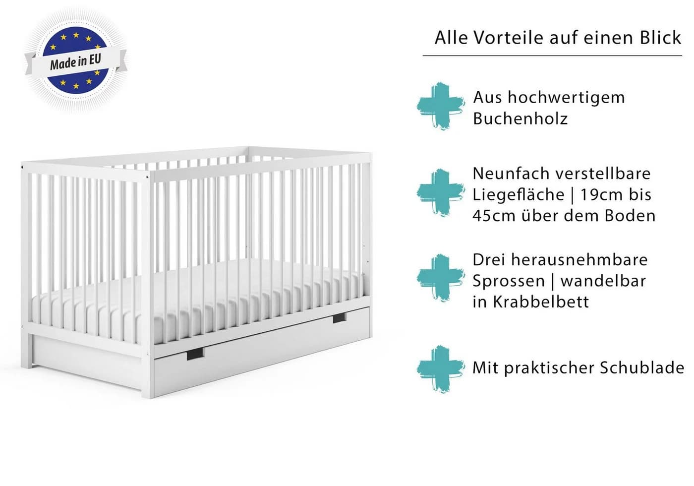Kids Collective Babybett Weiß mit Schublade und Höhenverstellung - Bild 4