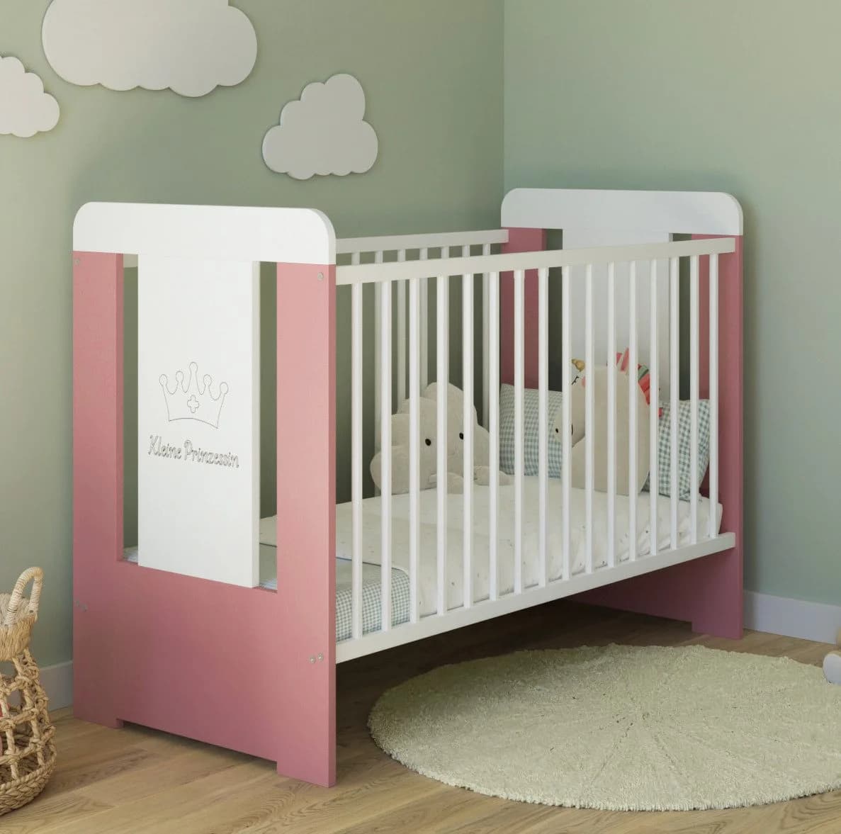 Kids Collective Babybett höhenverstellbar mit Matratze Weiss Rosa