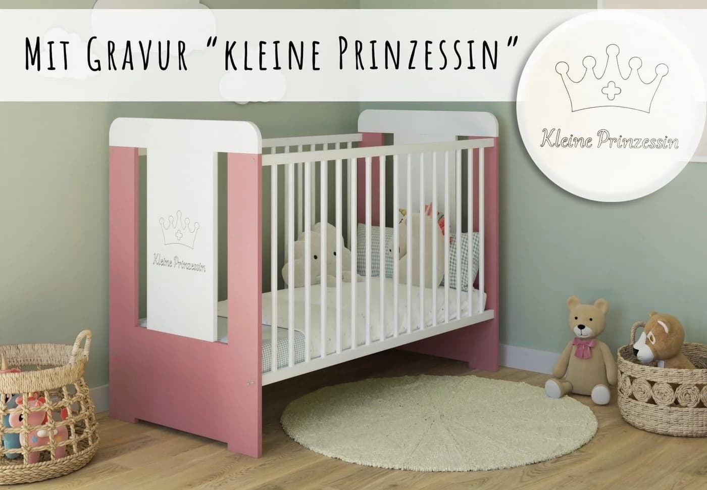 Kids Collective Babybett höhenverstellbar mit Matratze Weiss Rosa - Bild 4