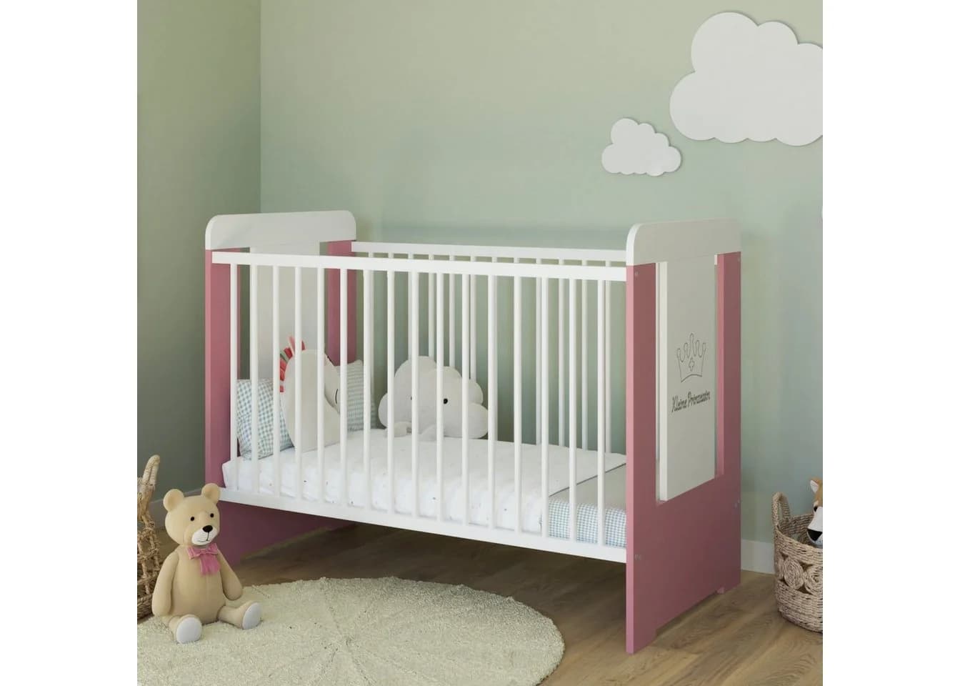 Kids Collective Babybett höhenverstellbar mit Matratze Weiss Rosa - Bild 5