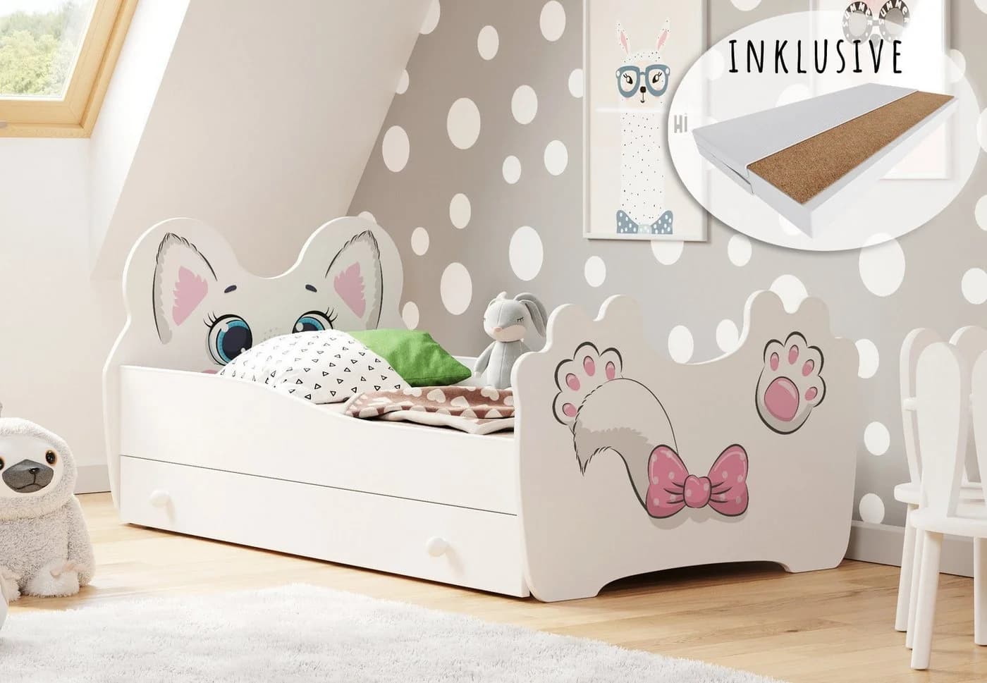 Kids Collective Kinderbett mit Matratze und Schublade Katzenmotiv Weiß - Bild 2