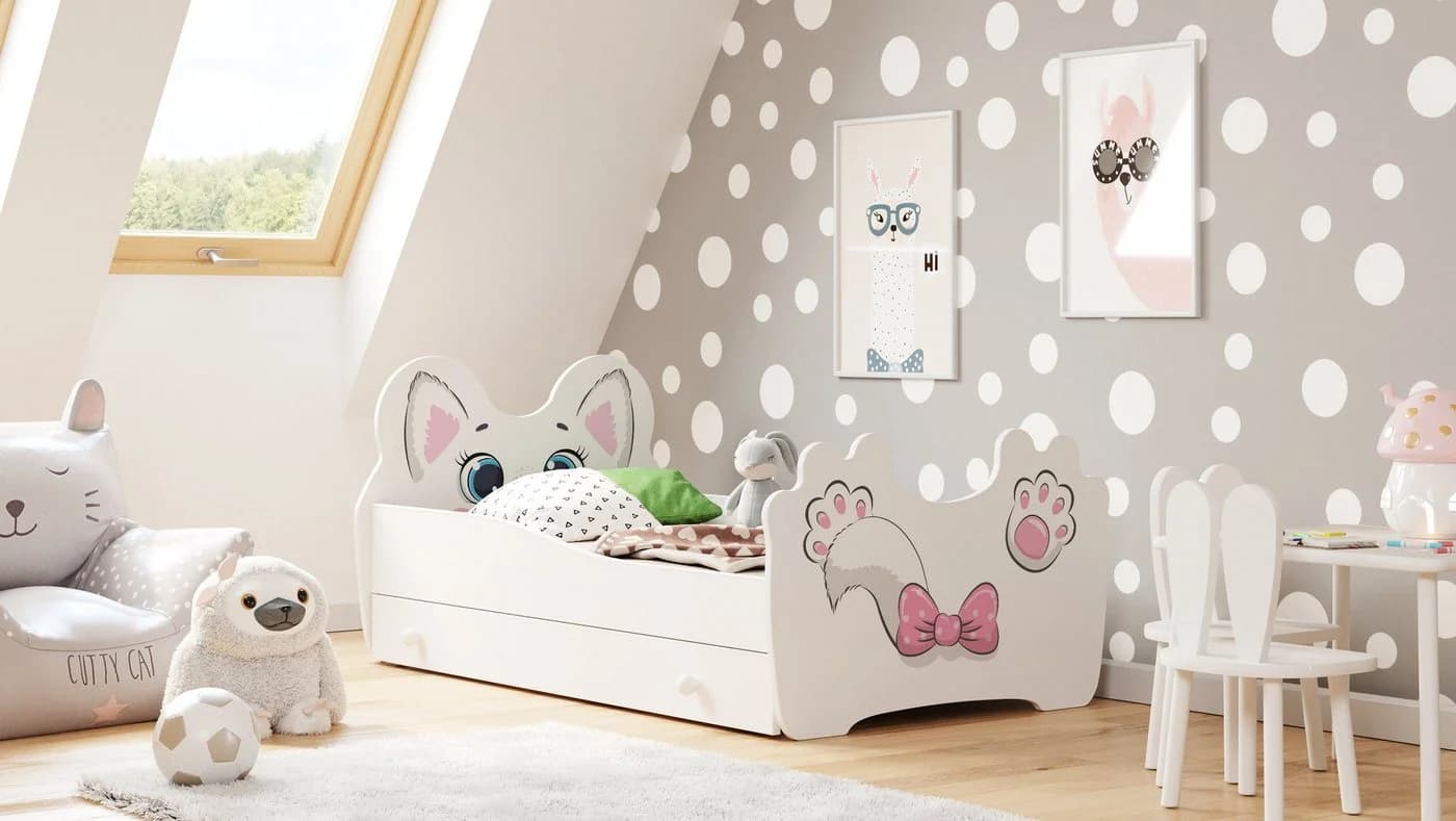 Kids Collective Kinderbett mit Matratze und Schublade Katzenmotiv Weiß - Bild 5