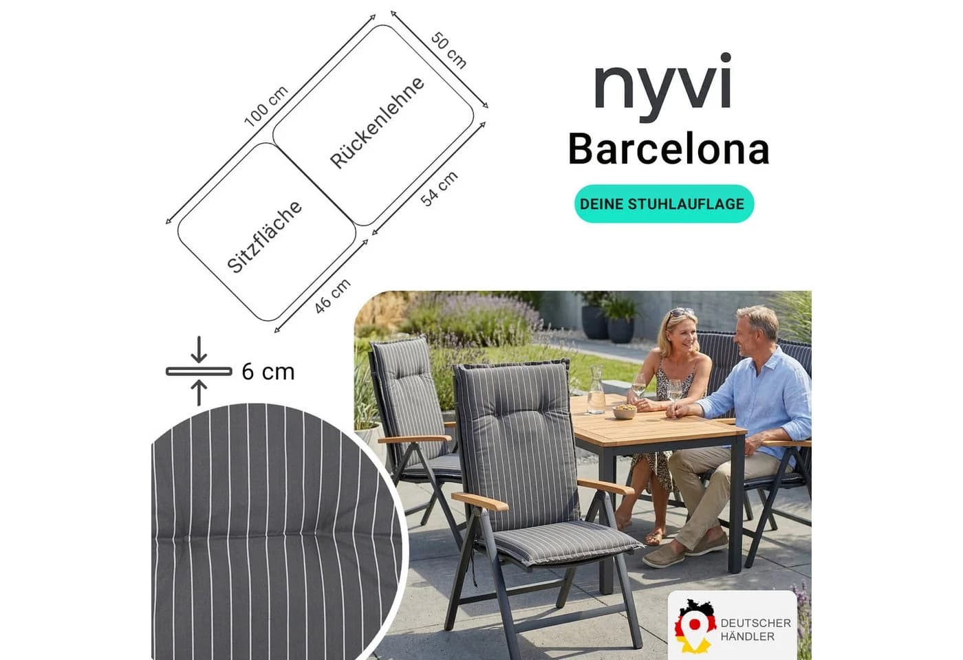 NYVI Gartenstuhl-Auflage Barcelona 4er Set Grau Gestreift - Bild 2