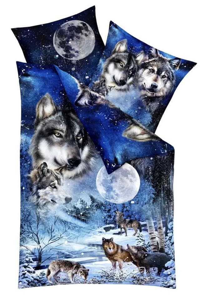 JACK Bettwäsche Mako-Satin 135x200cm Wolf-Motiv Blau - Bild 2