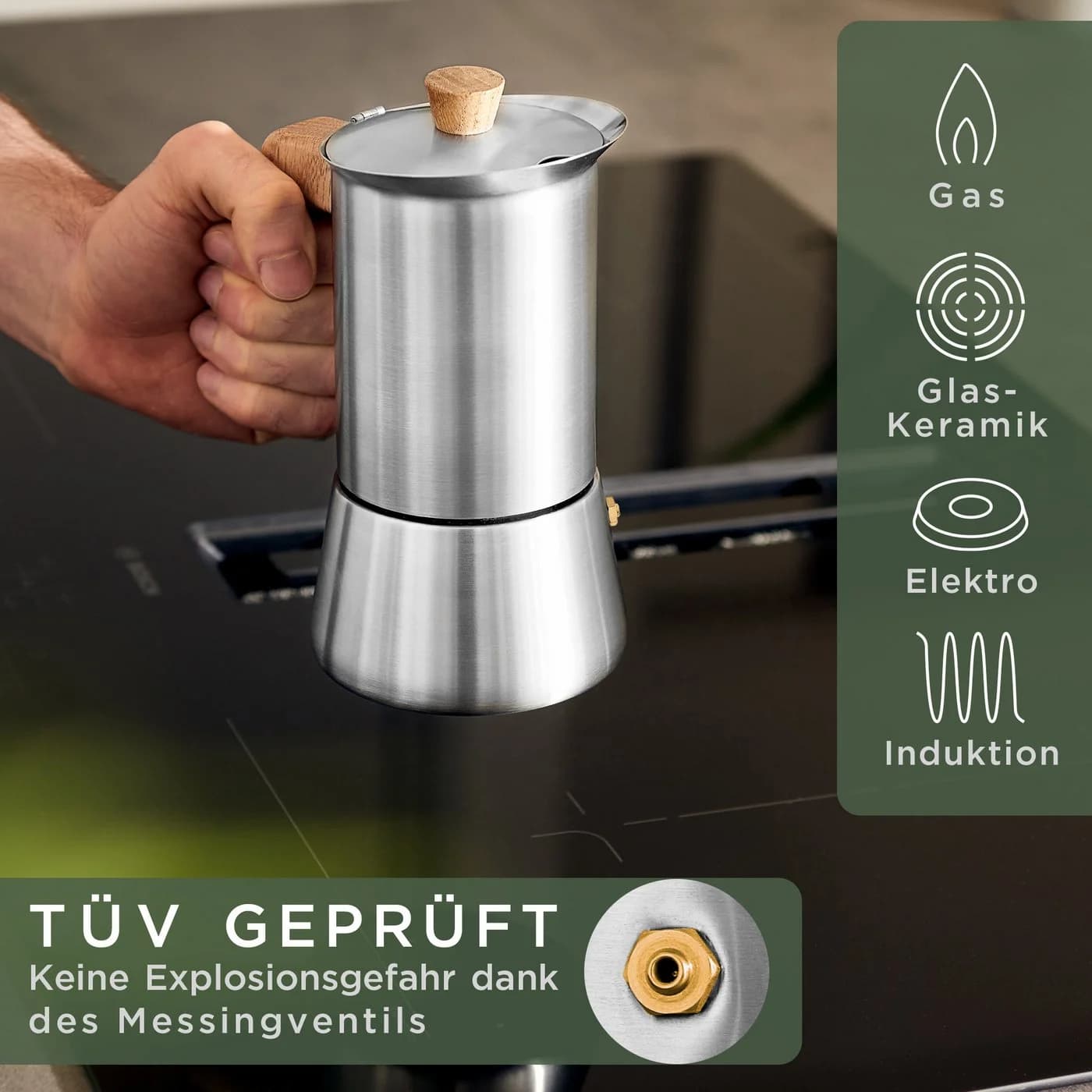 Waldwerk Espressokocher Edelstahl mit Eichenholzgriff für alle Herdarten