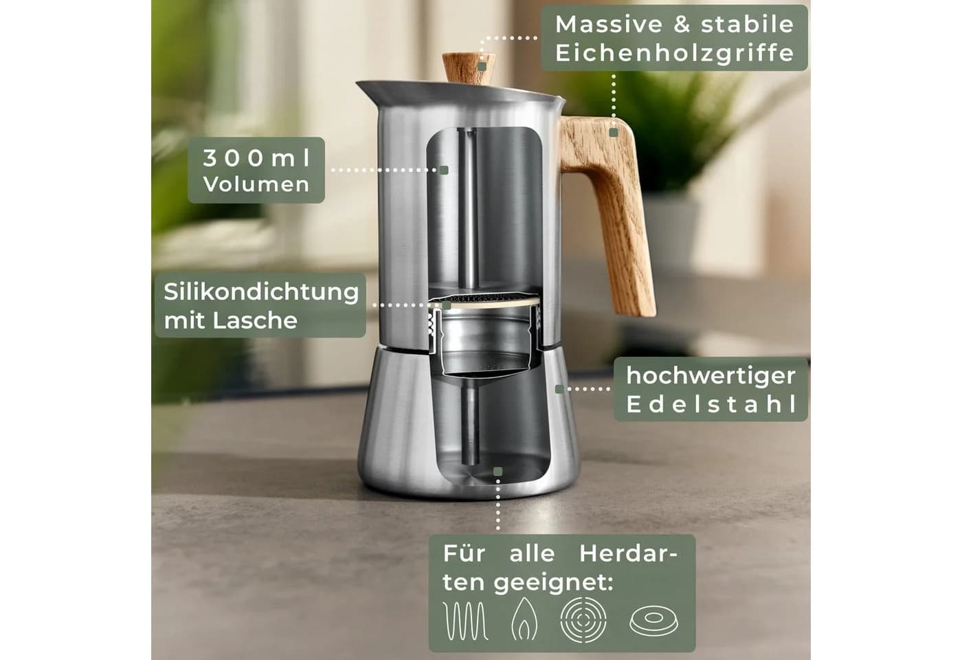 Waldwerk Espressokocher Edelstahl mit Eichenholzgriff für alle Herdarten - Bild 3