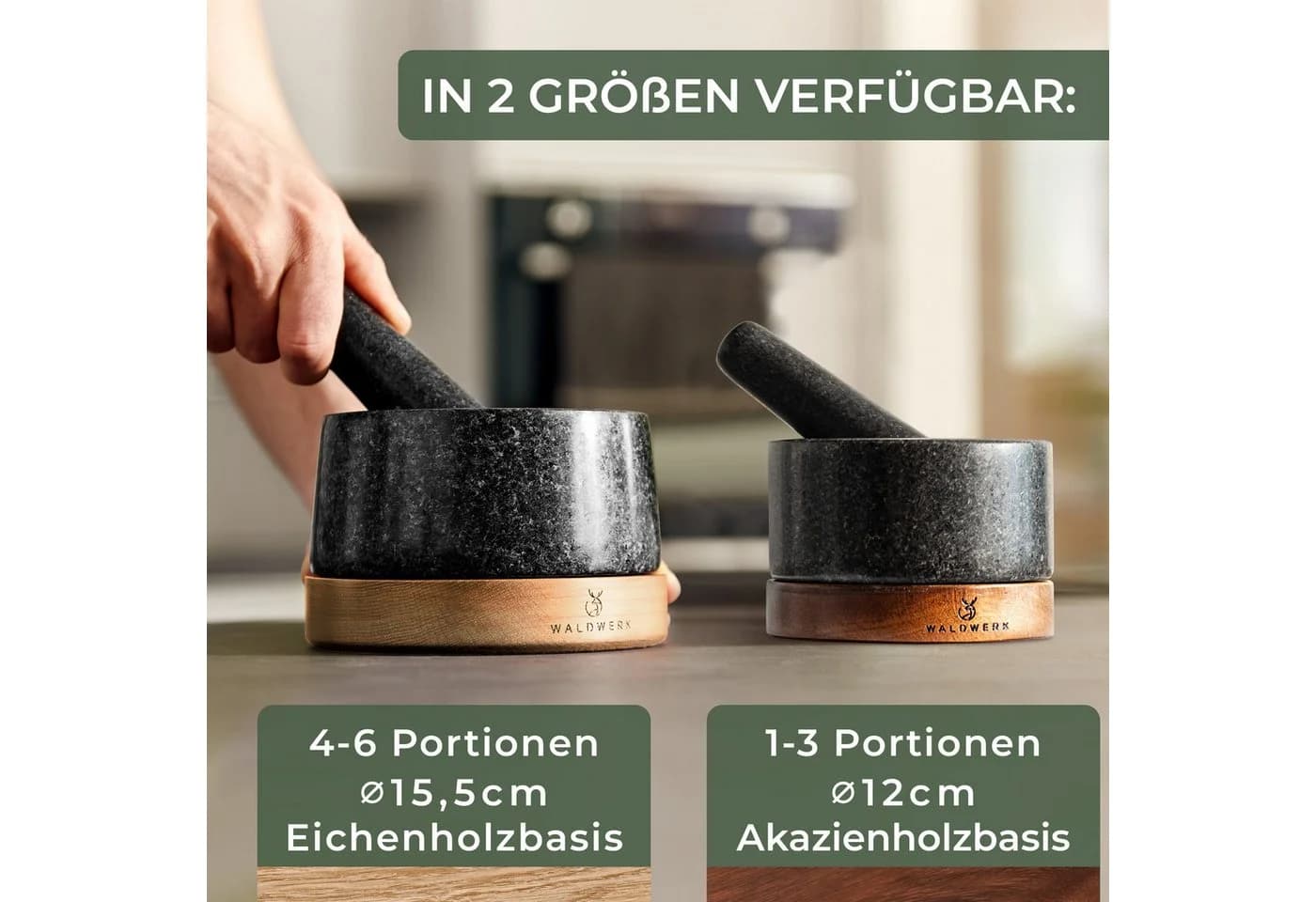 Waldwerk Granitmörser mit Stößel auf Akazienholzbasis - Bild 3
