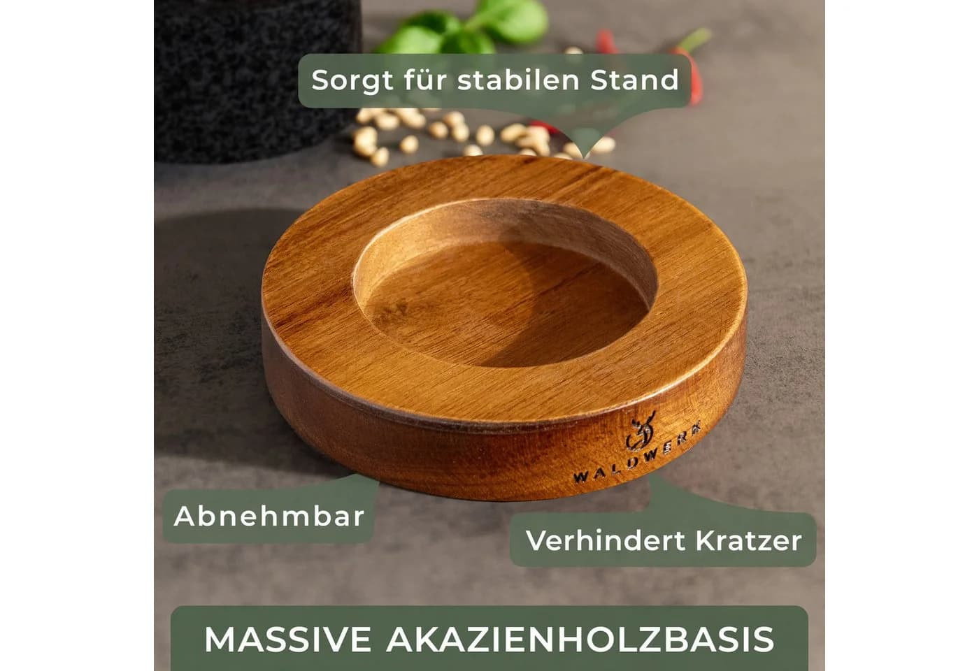 Waldwerk Granitmörser mit Stößel auf Akazienholzbasis - Bild 4