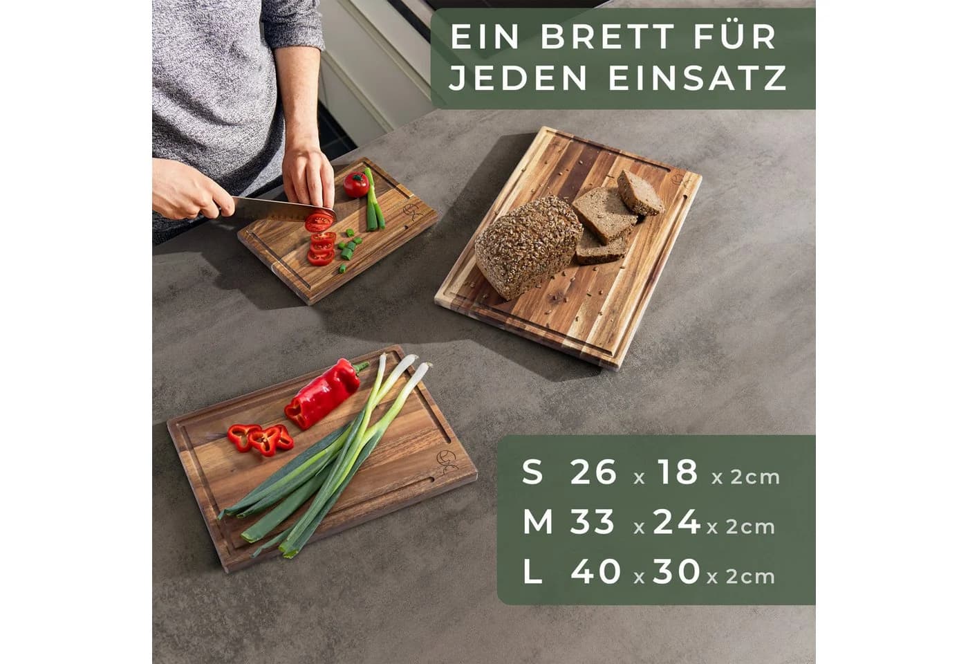Waldwerk Schneidebrett 3er Set aus massiver Akazie mit Ständer - Bild 3