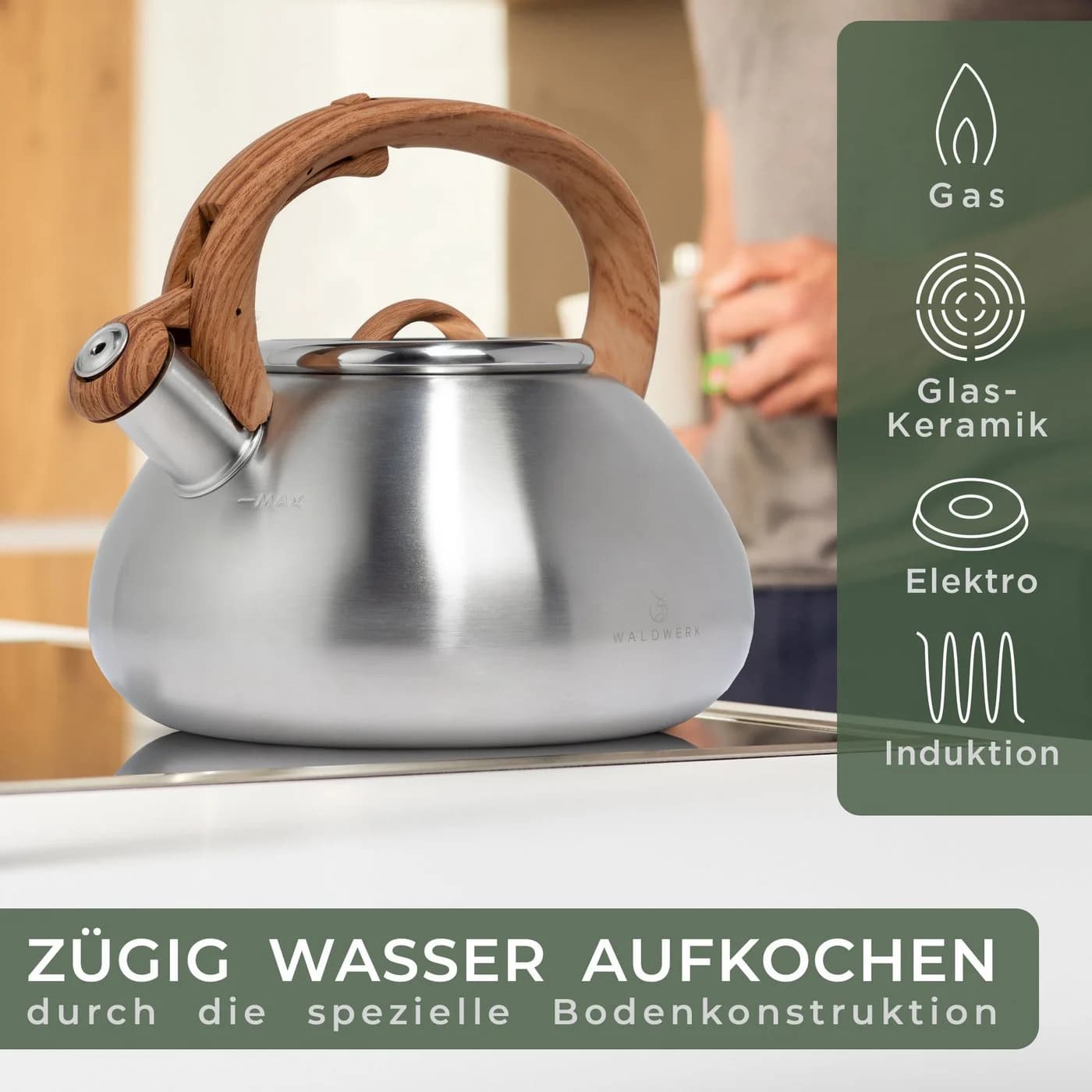 Waldwerk Wasserkessel 2,3L Edelstahl mit Pfeifton für Induktion & Gasherd