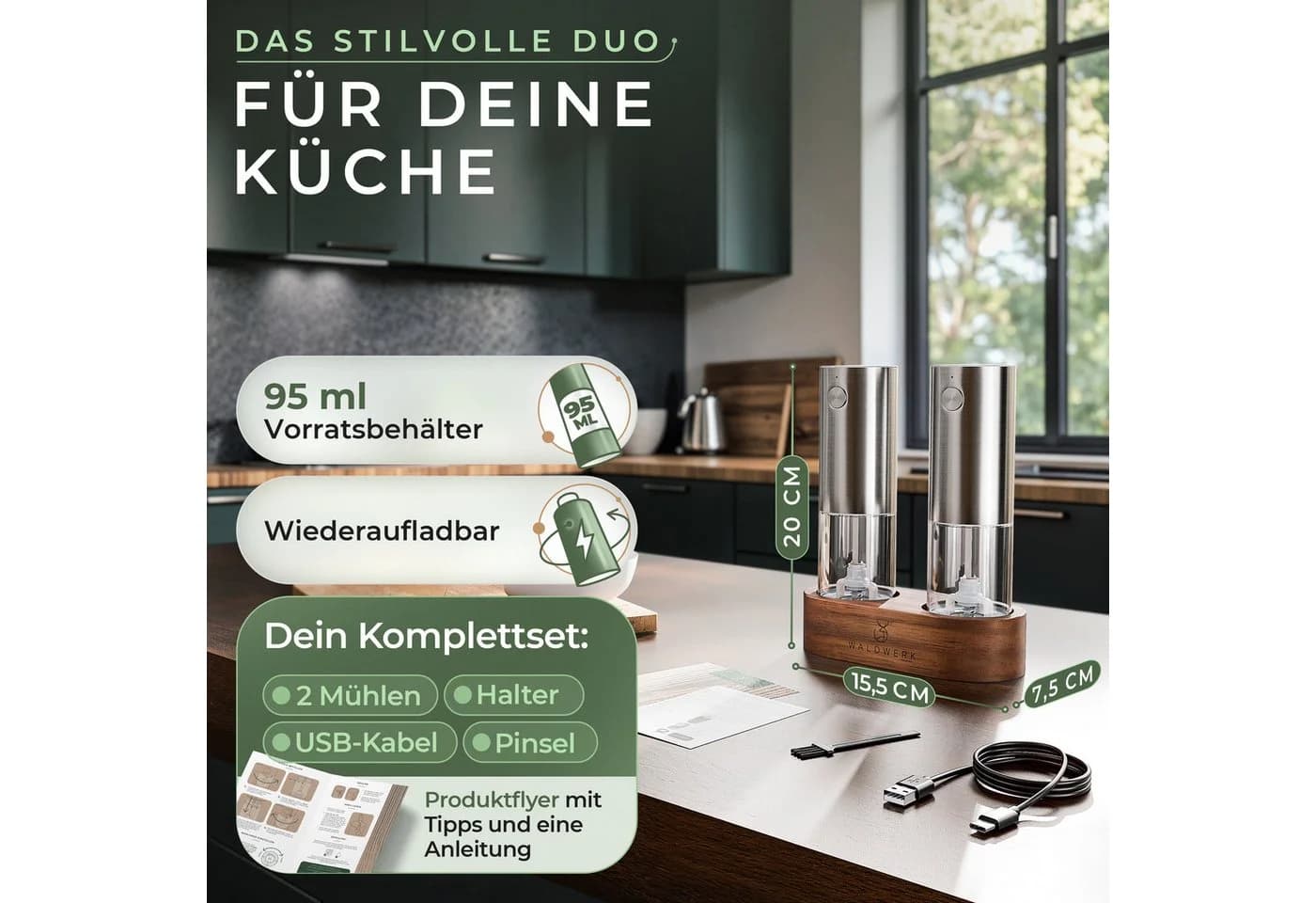 Waldwerk Elektrische Salz- und Pfeffermühle Set mit Akazienholz-Halterung