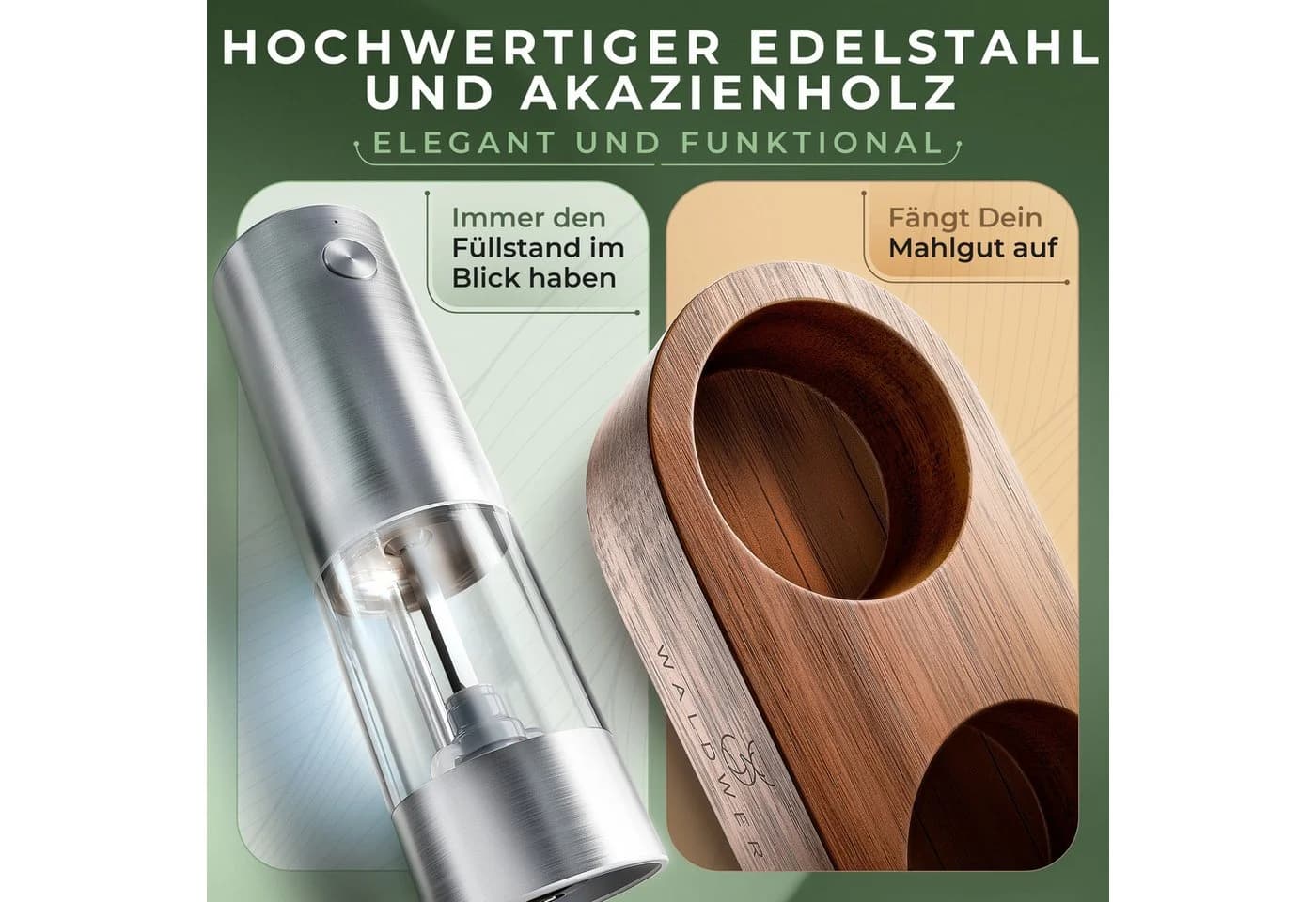 Waldwerk Elektrische Salz- und Pfeffermühle Set mit Akazienholz-Halterung - Bild 3