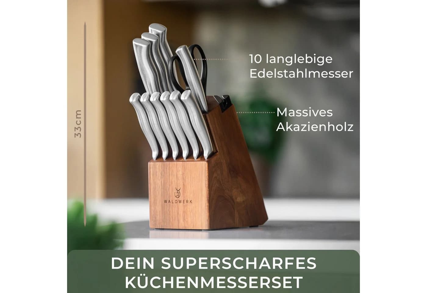 Waldwerk Messerblock 11-tlg. mit Schärfer Edelstahl Akazienholz