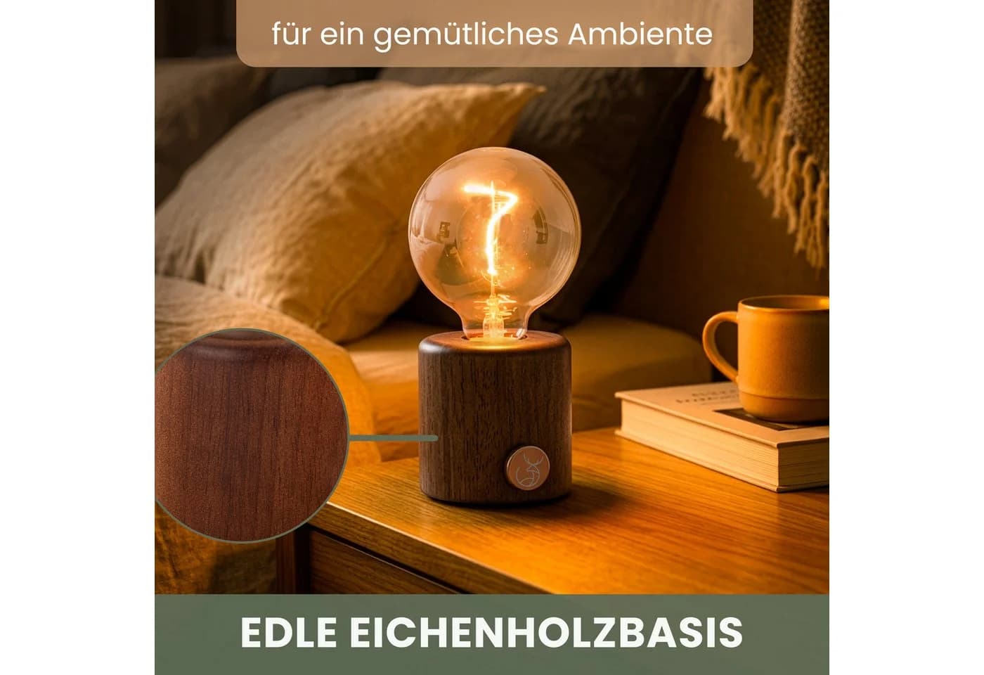 Waldwerk Nachttischlampe kabellos Eichenholz Metall dimmbar LED