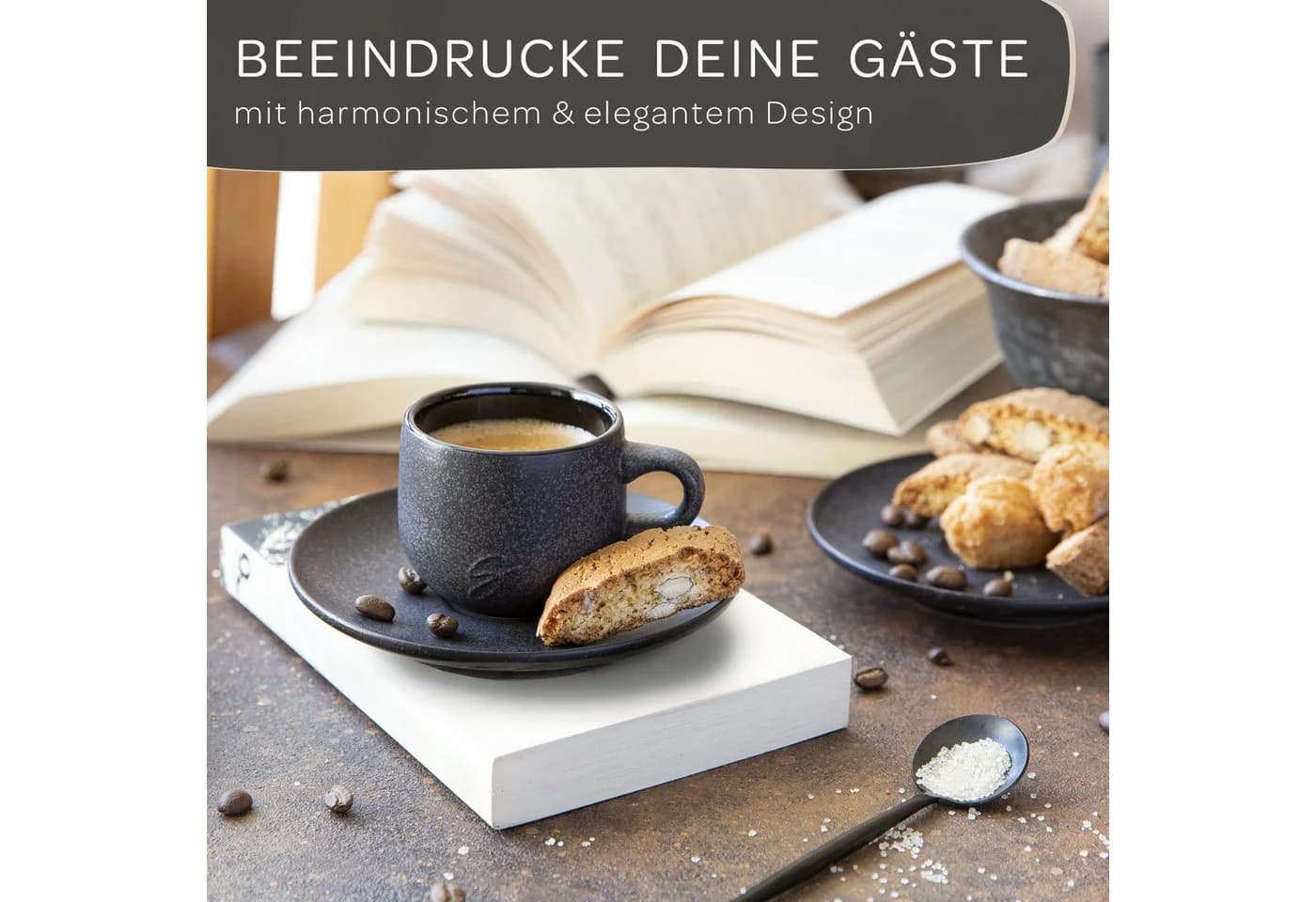 Steinzeit Espressotassen Set 6-tlg. Schwarz Keramik mit Untertassen