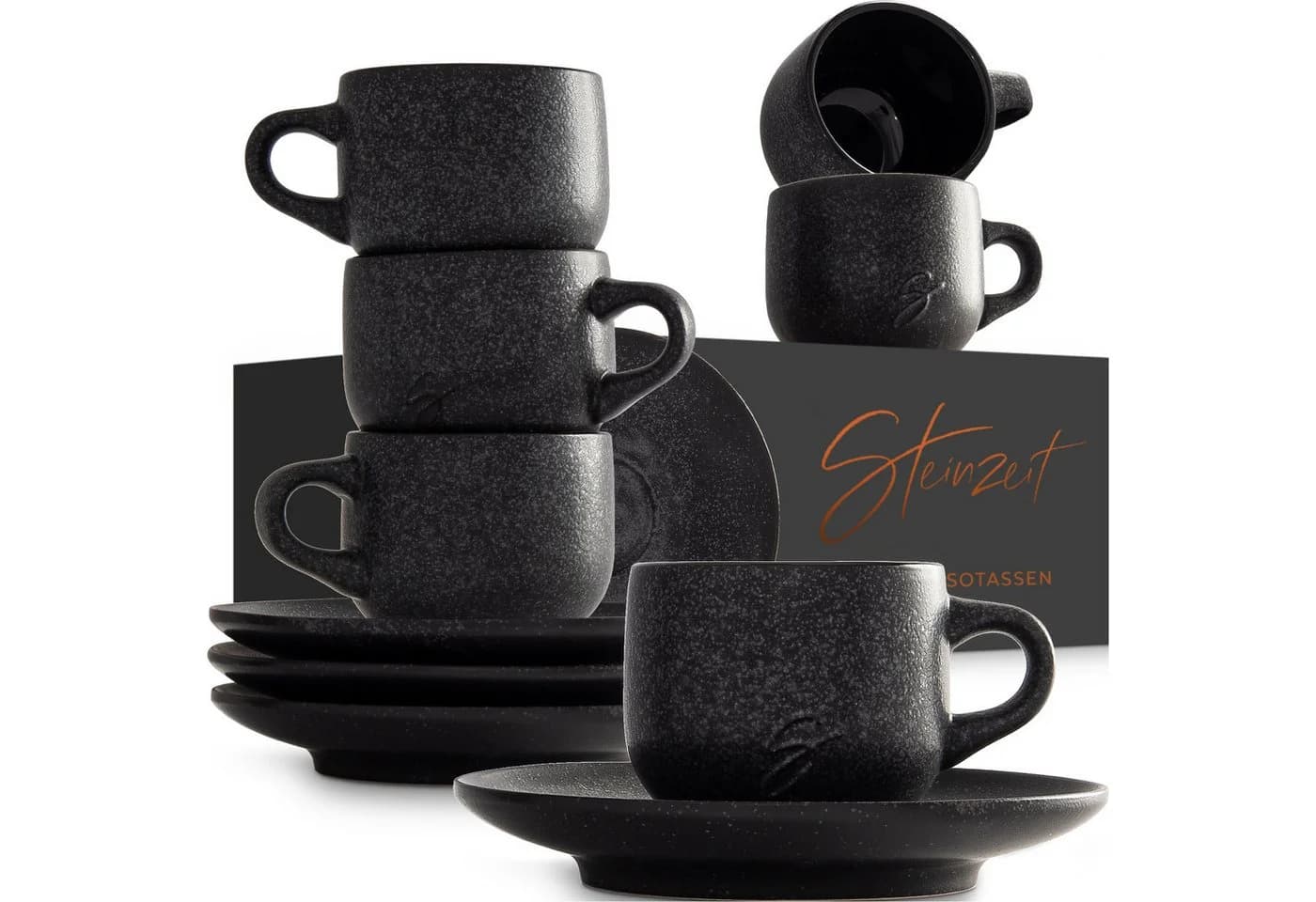 Steinzeit Espressotassen Set 6-tlg. Schwarz Keramik mit Untertassen - Bild 2