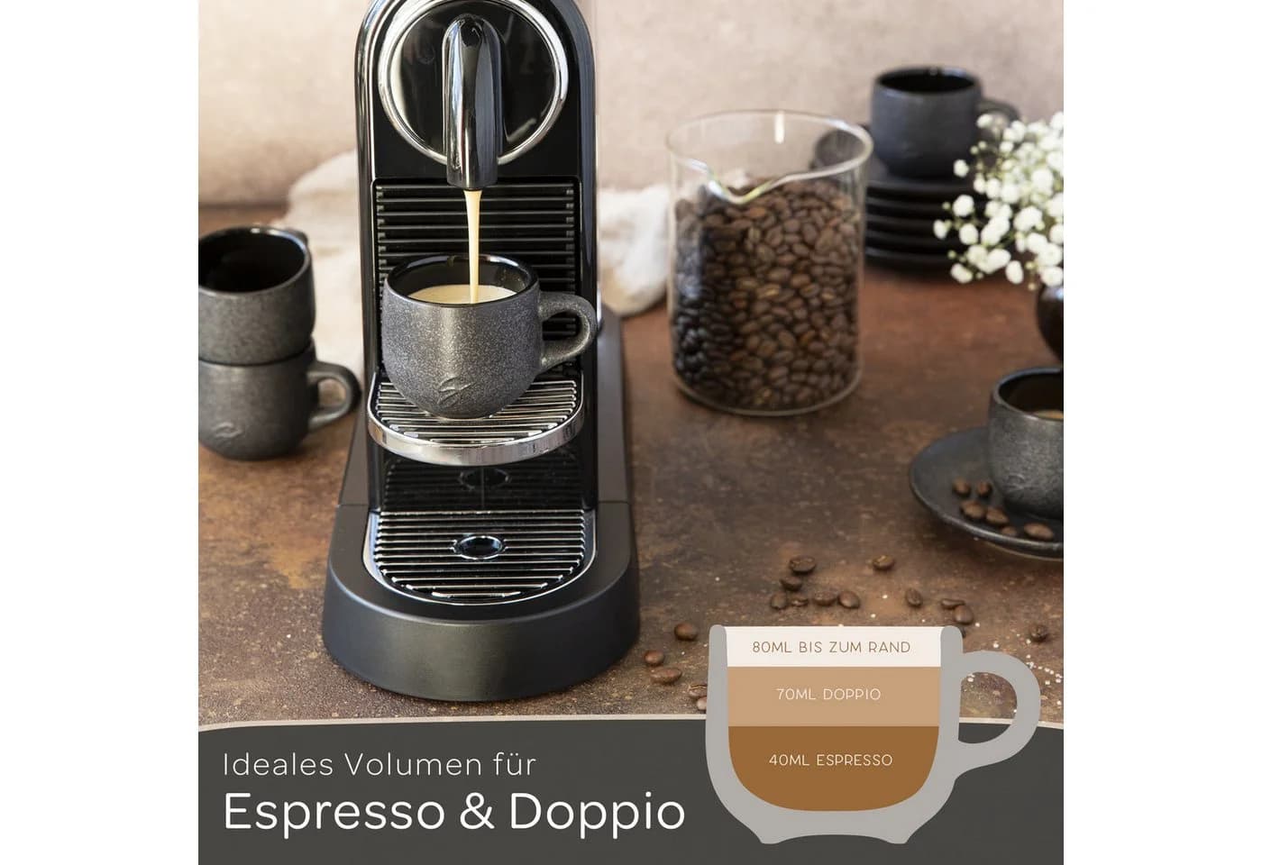 Steinzeit Espressotassen Set 6-tlg. Schwarz Keramik mit Untertassen - Bild 3