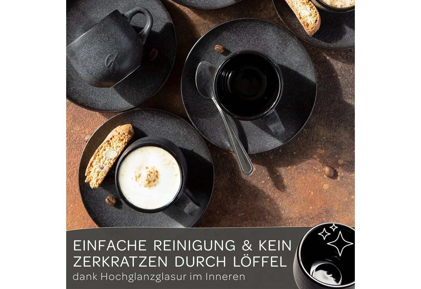 Steinzeit Espressotassen Set 6-tlg. Schwarz Keramik mit Untertassen - Bild 5