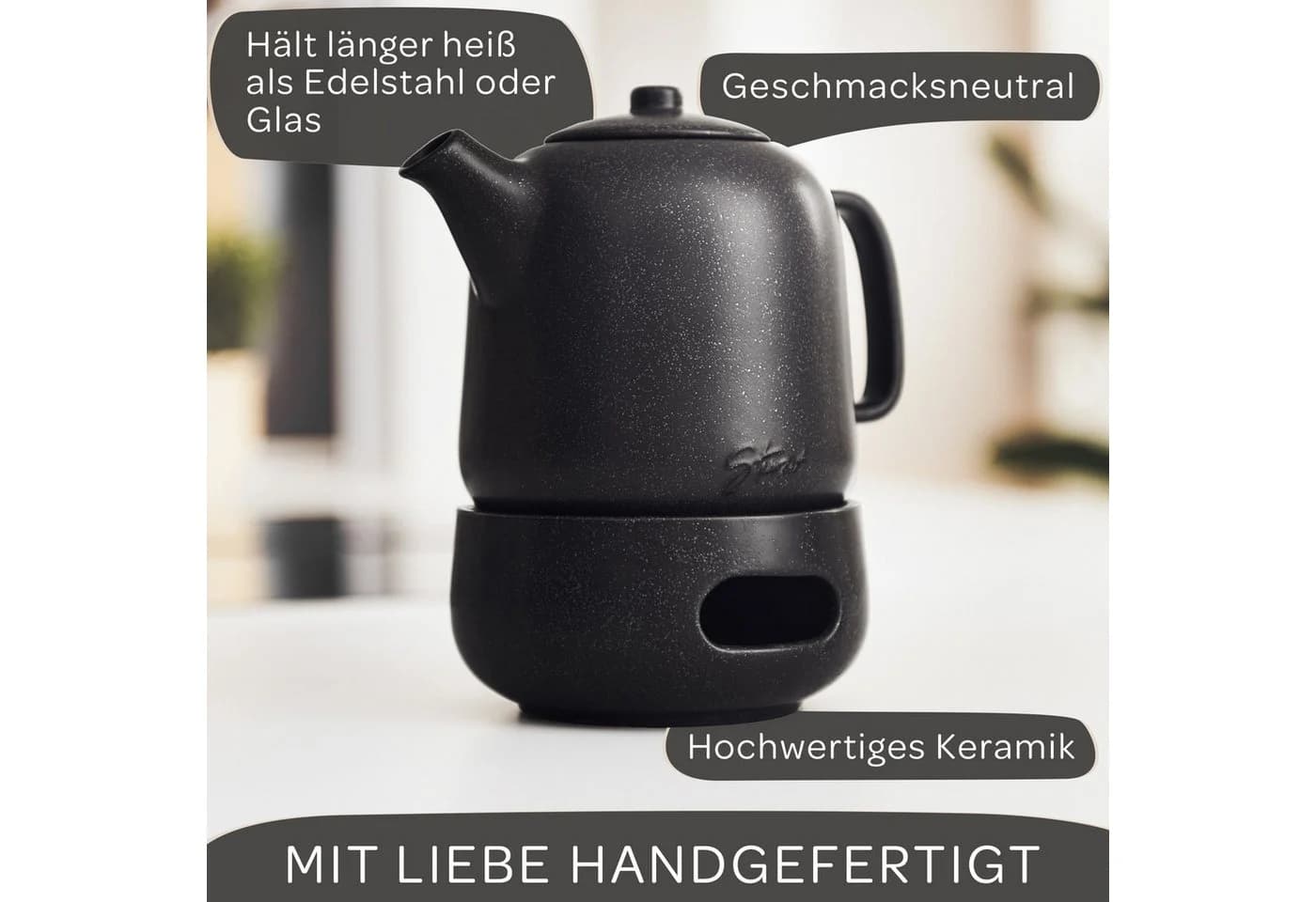 Steinzeit Teekanne 1,3L Schwarz mit Edelstahl-Siebeinsatz