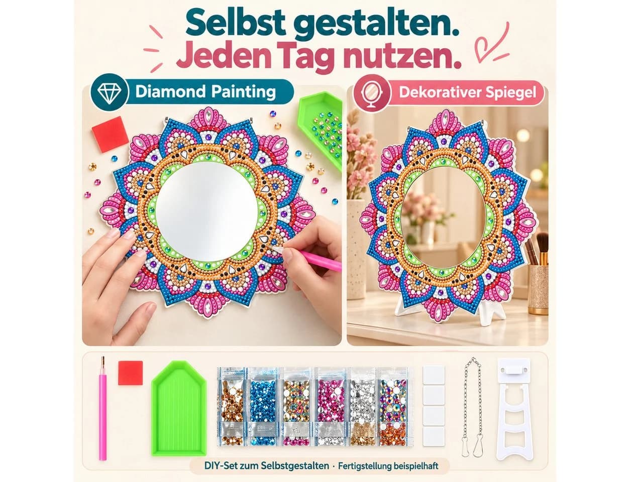 GOLDEN Kreativset Diamond Painting Spiegel Mandala mit Standfuß