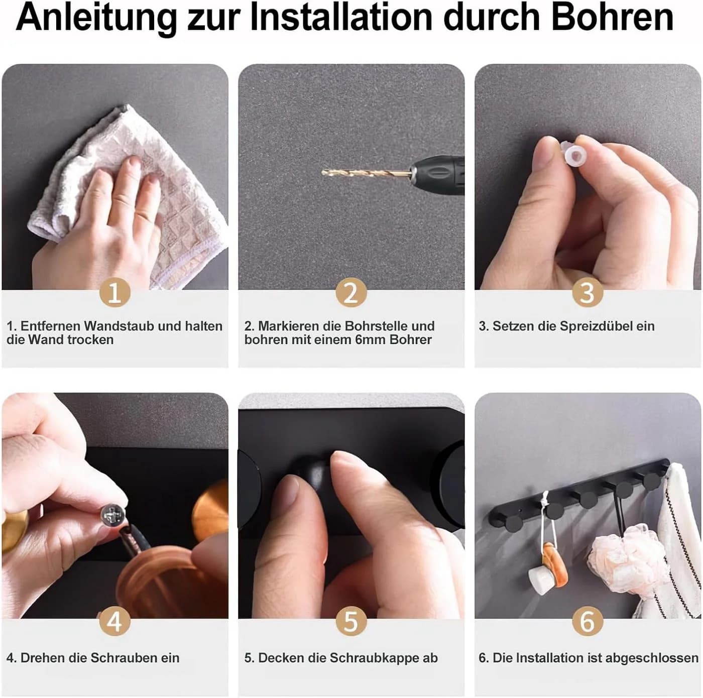 GOLDEN Hakenleiste Schwarz Selbstklebend & Schrauben mit 5 Haken - Bild 3