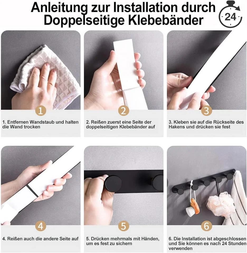 GOLDEN Hakenleiste Schwarz Selbstklebend & Schrauben mit 5 Haken - Bild 4