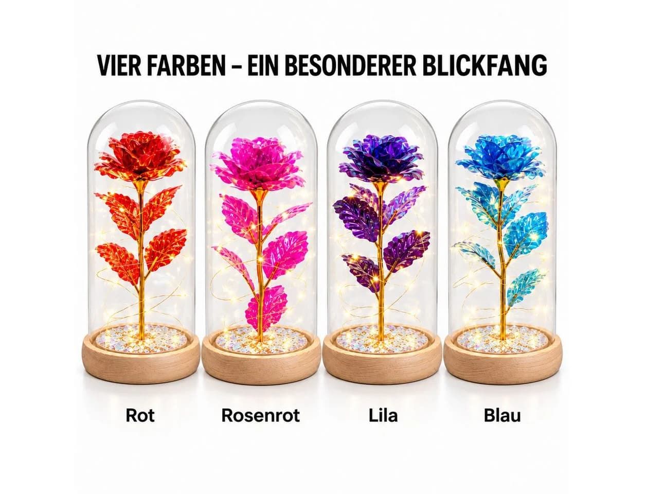 GOLDEN Ewige Rose in Glaskuppel mit LED-Licht Rosa/Gold