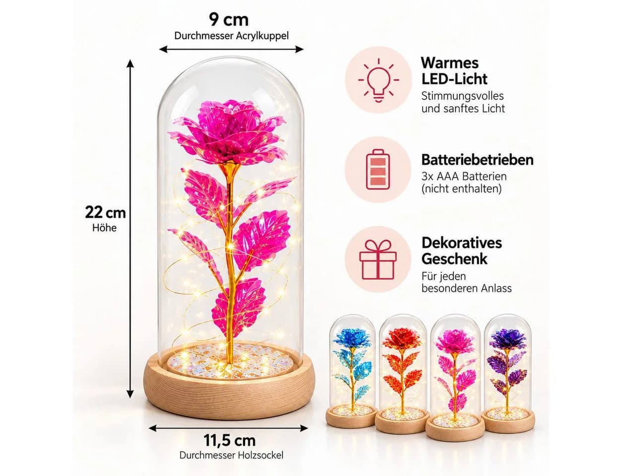 GOLDEN Ewige Rose in Glaskuppel mit LED-Licht Rosa/Gold - Bild 3