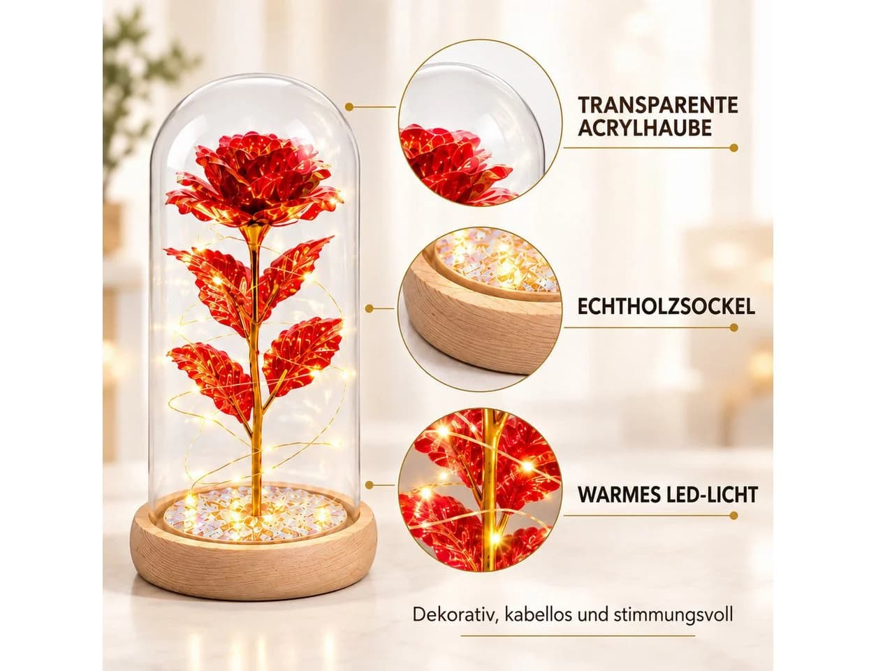 GOLDEN Ewige Rose in Glaskuppel mit LED-Licht Rosa/Gold - Bild 5