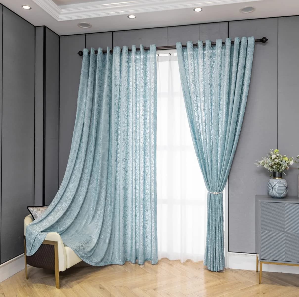 M&W DAS DESIGN Vorhang Mit Ösen Blumenmuster Hellblau