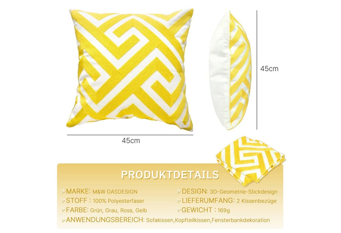 M&W DAS DESIGN Kissenbezug 45x45cm 2er Gelb 3D-Geometrie-Stickerei