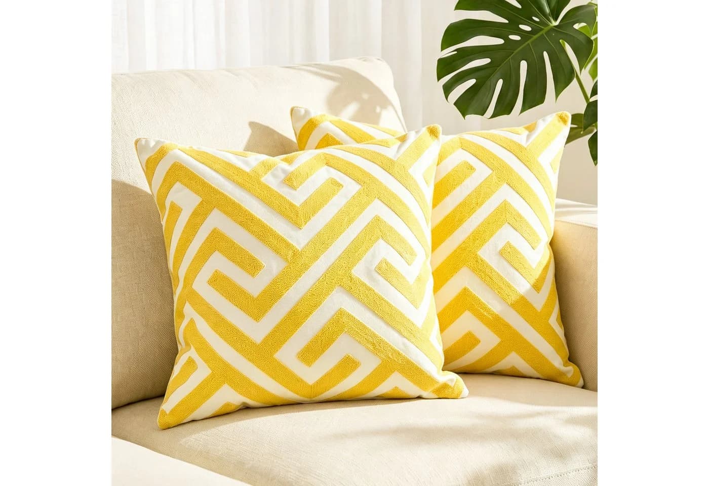 M&W DAS DESIGN Kissenbezug 45x45cm 2er Gelb 3D-Geometrie-Stickerei - Bild 2