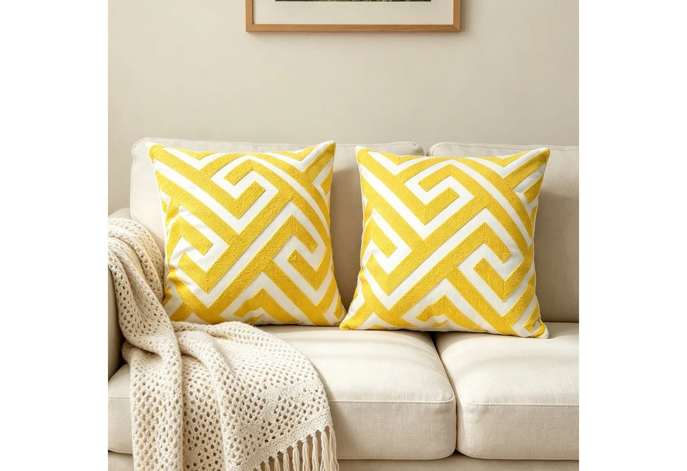 M&W DAS DESIGN Kissenbezug 45x45cm 2er Gelb 3D-Geometrie-Stickerei - Bild 5