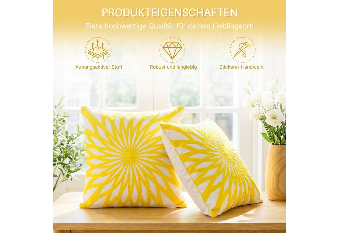 M&W DAS DESIGN Kissenbezug 45x45 cm Gelb 3D Stickerei - Bild 4