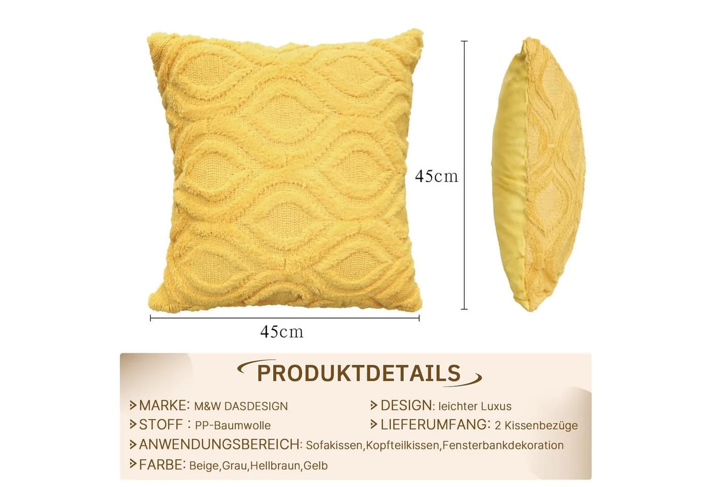 M&W DAS DESIGN Kissenbezug PP-Baumwolle Gelb 45x45cm