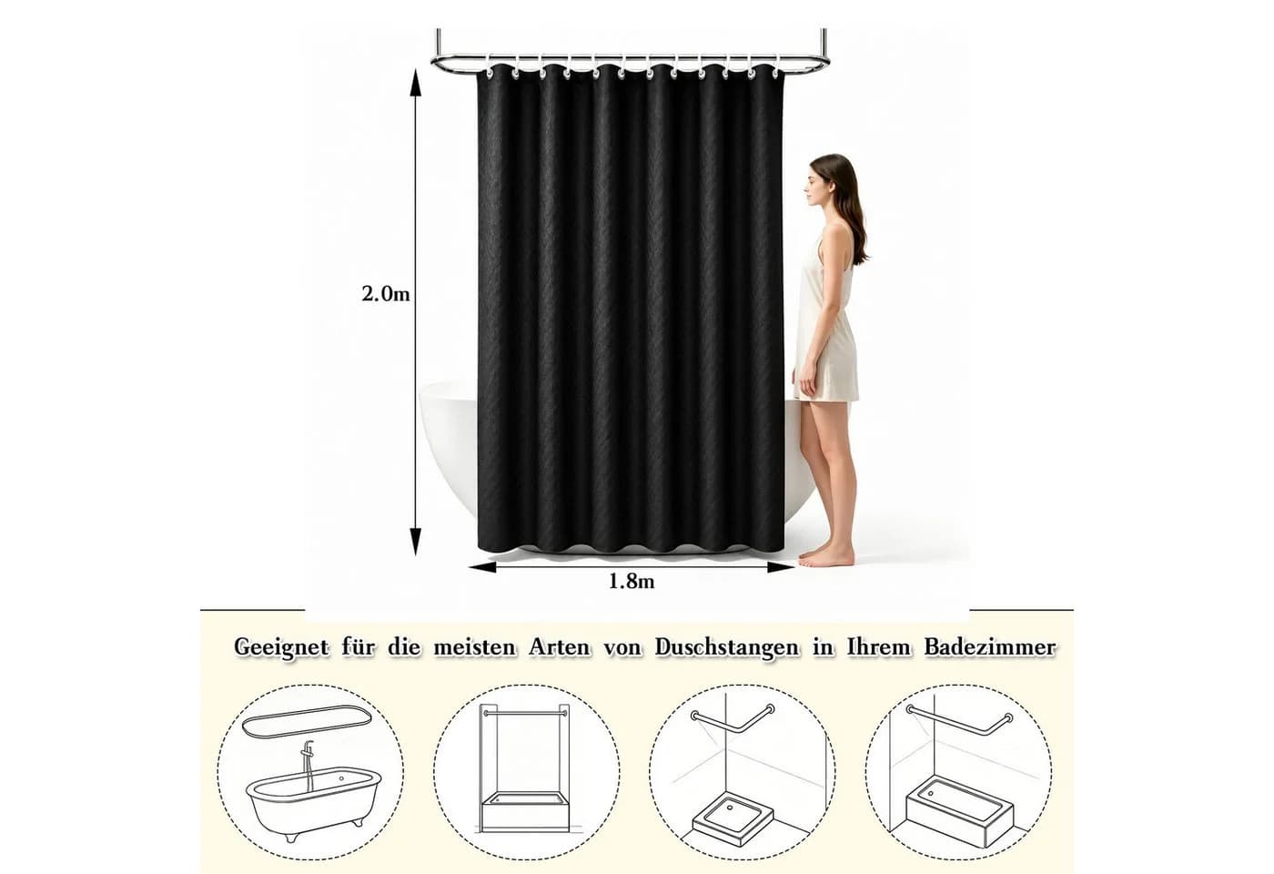M&W DAS DESIGN Duschvorhang Schwarz Waffelstruktur Wasserdicht - Bild 3