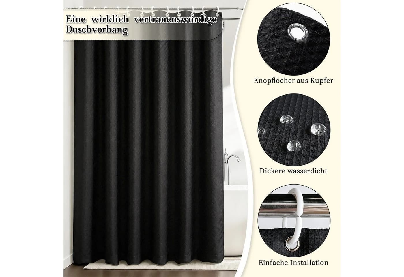 M&W DAS DESIGN Duschvorhang Schwarz Waffelstruktur Wasserdicht - Bild 4