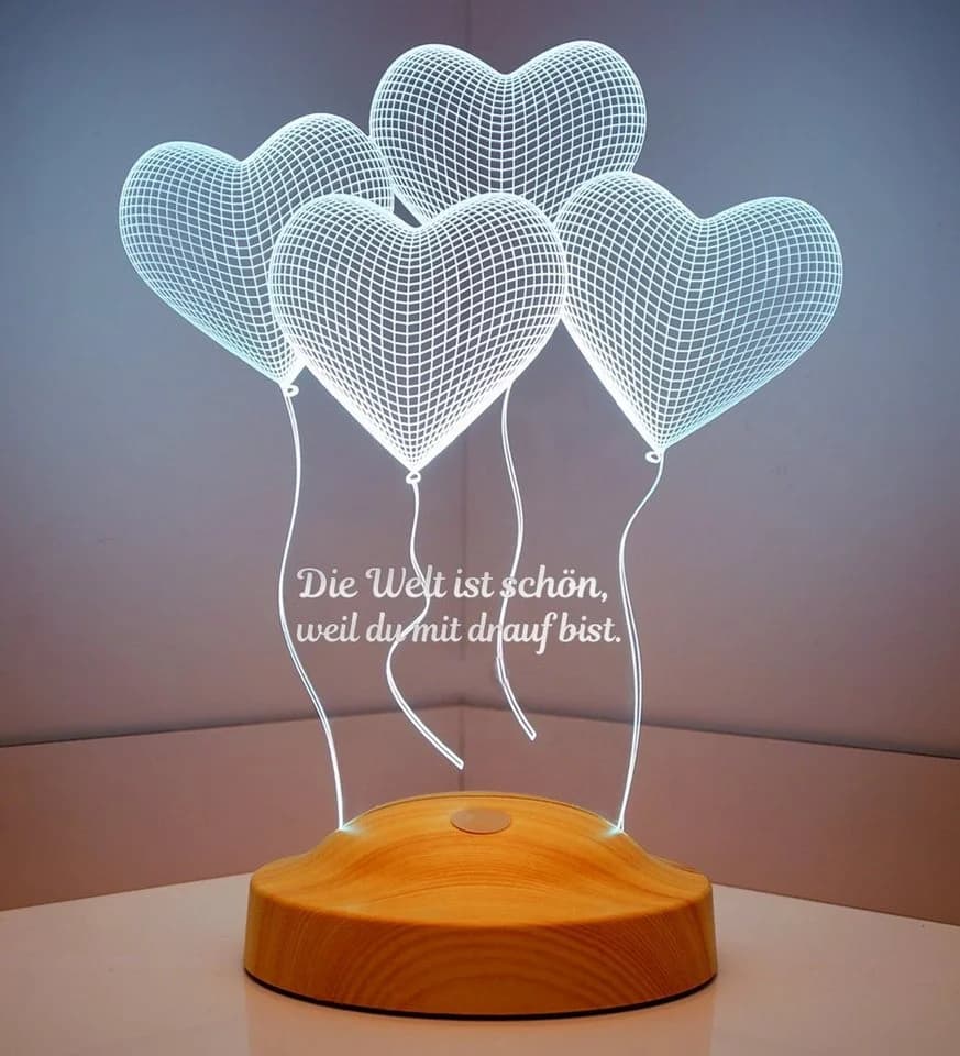 Geschenkelampe LED Nachttischlampe Vier Herzen Hochzeit 3D