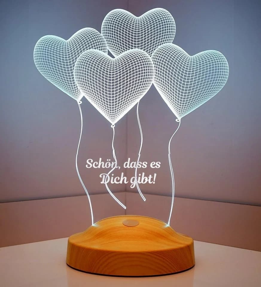 Geschenkelampe LED Nachttischlampe Vier Herzen 3D 7 Farben