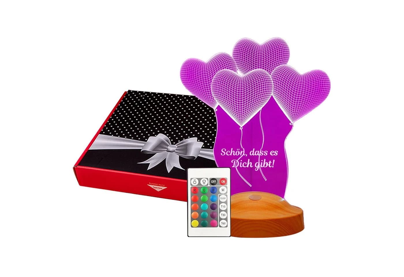 Geschenkelampe LED Nachttischlampe Vier Herzen 3D 7 Farben - Bild 2