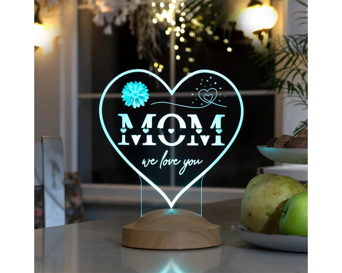 Geschenkelampe LED Nachttischlampe MOM Herz Bunt Holzoptik