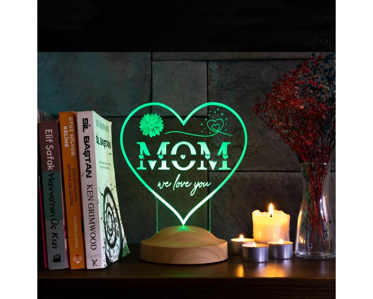 Geschenkelampe LED Nachttischlampe MOM Herz Bunt Holzoptik - Bild 3