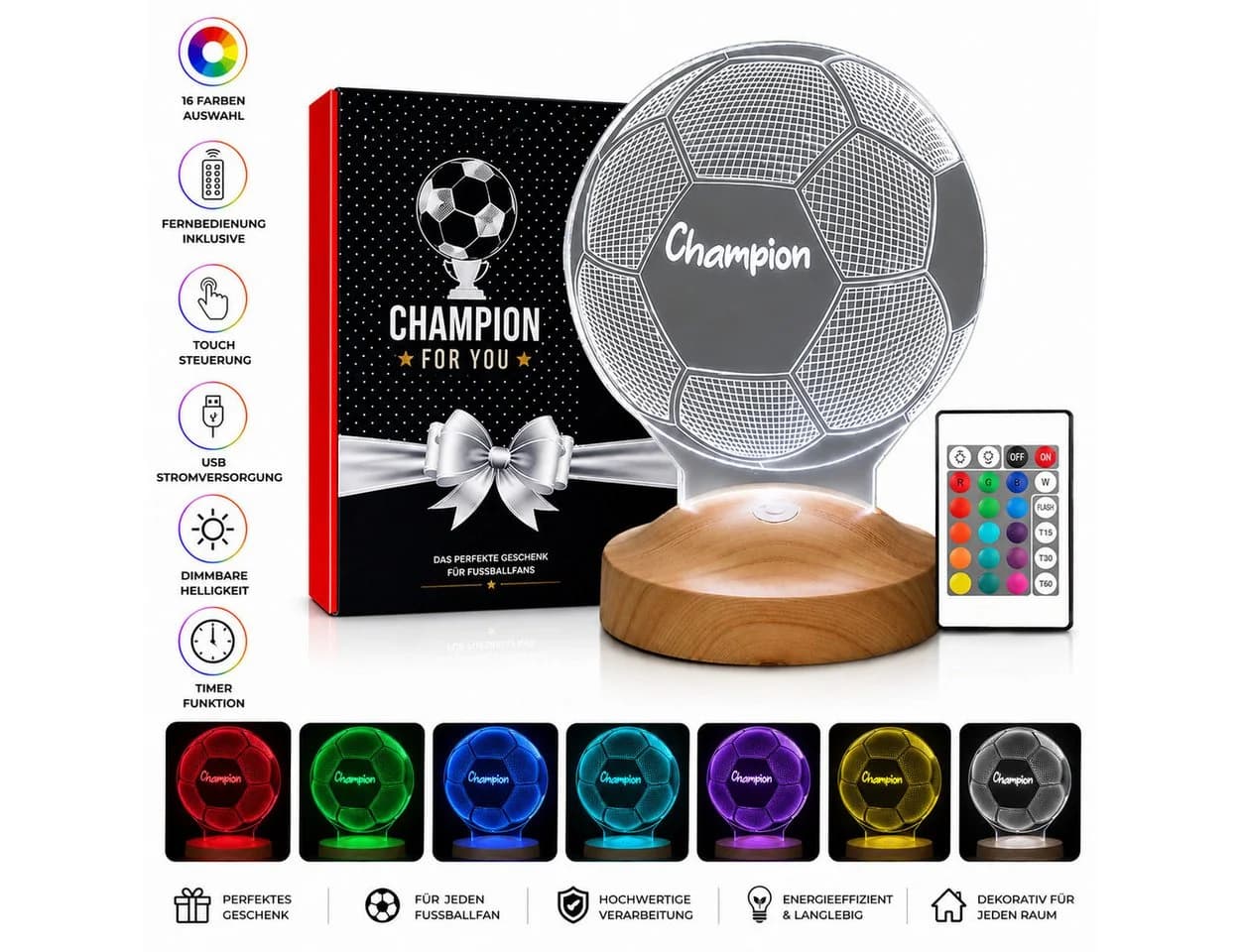 Geschenkelampe LED Nachttischlampe Fußball 3D Nachtlicht 7 Farben