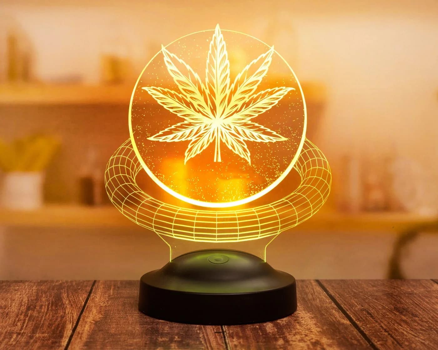 Geschenkelampe LED 3D Cannabis Baum 7 Farben Holzoptik