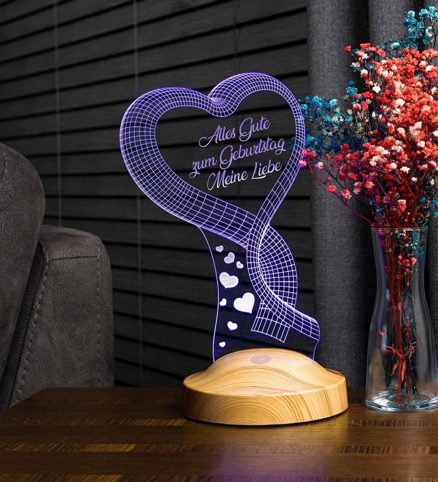 Geschenkelampe LED Nachttischlampe Herz 3D Gravur 7 Farben