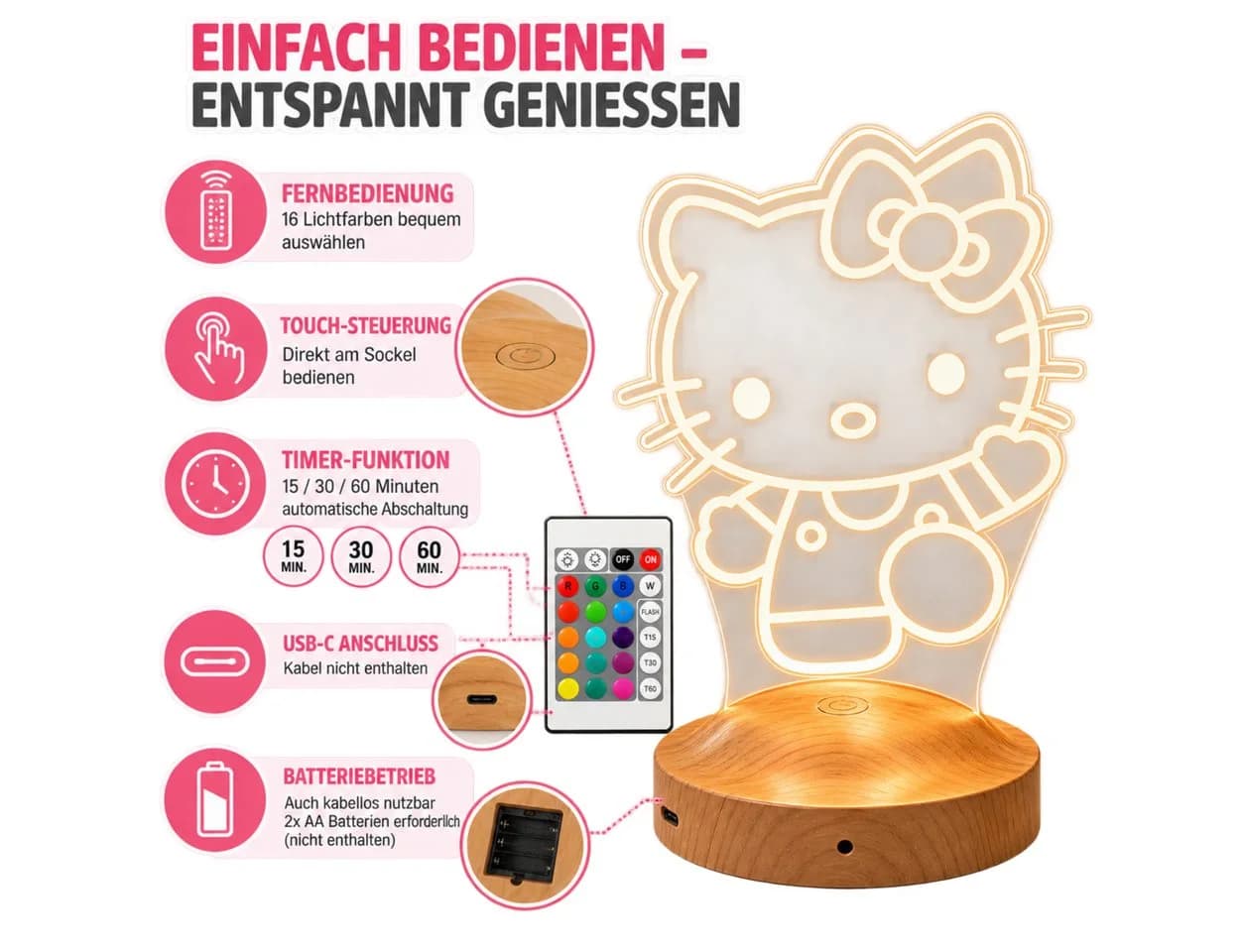 Kitty LED Nachttischlampe 3D mit Fernbedienung 16 Farben - Bild 5