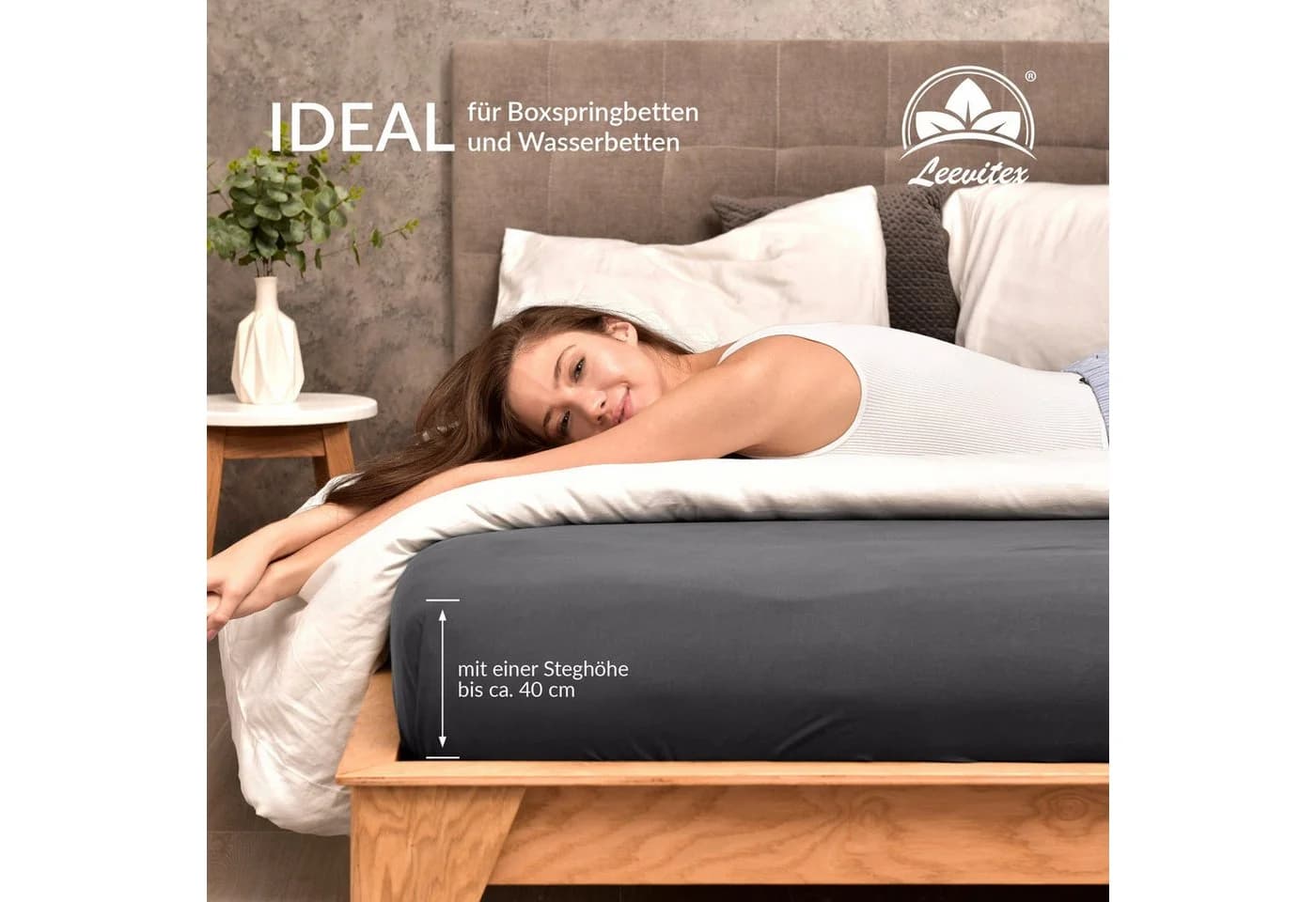 leevitex® Spannbettlaken Premium Elasthan Grau Jersey 40 cm Steg - Bild 5