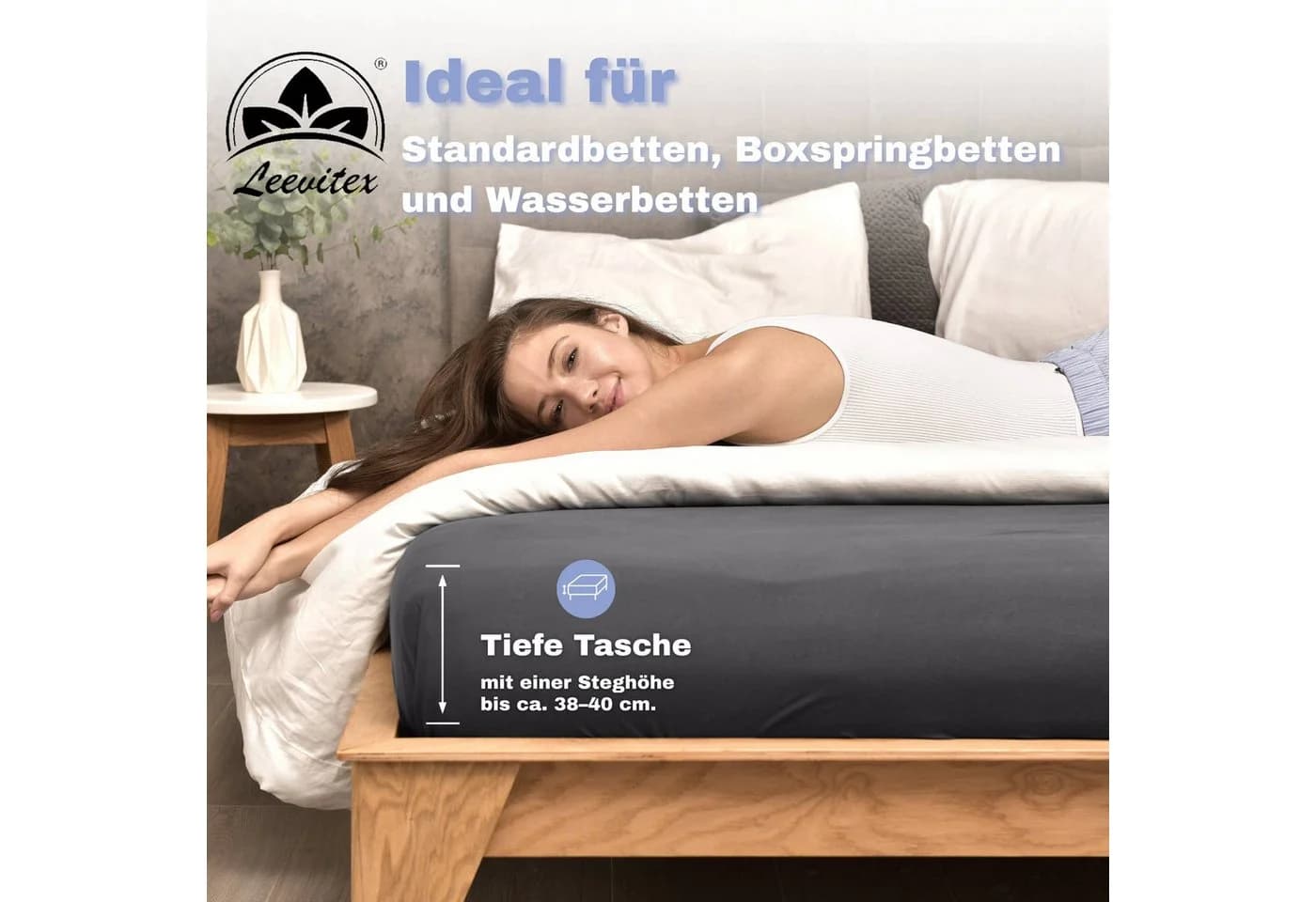 leevitex® Spannbettlaken Mako-Jersey Grau/Schwarz Rundumgummizug - Bild 4