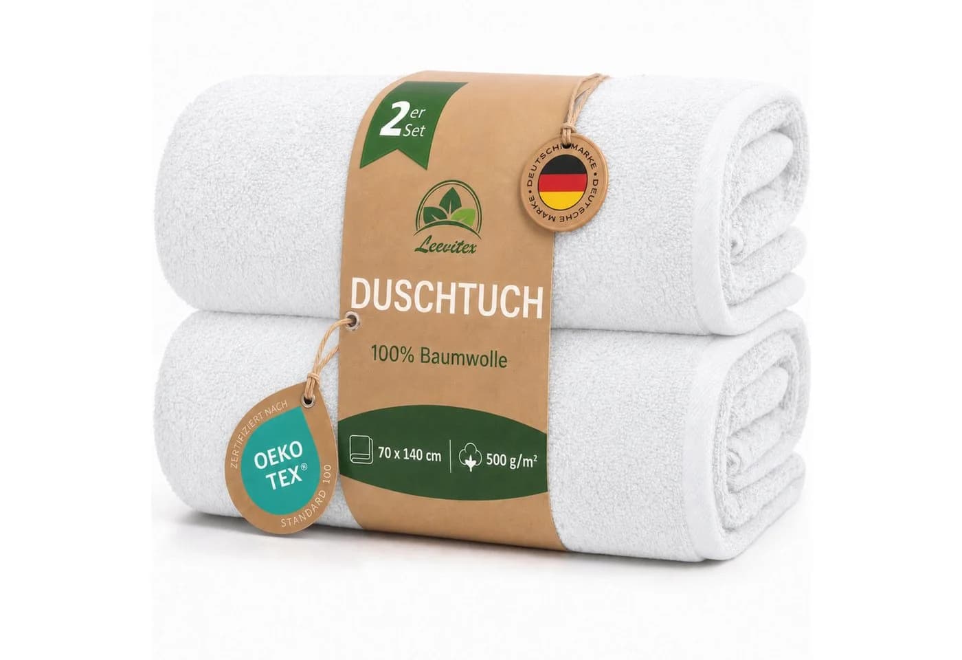 leevitex® Duschtücher 2er-Set 70x140 cm Baumwolle Frottee Weiss Gestreift - Bild 2