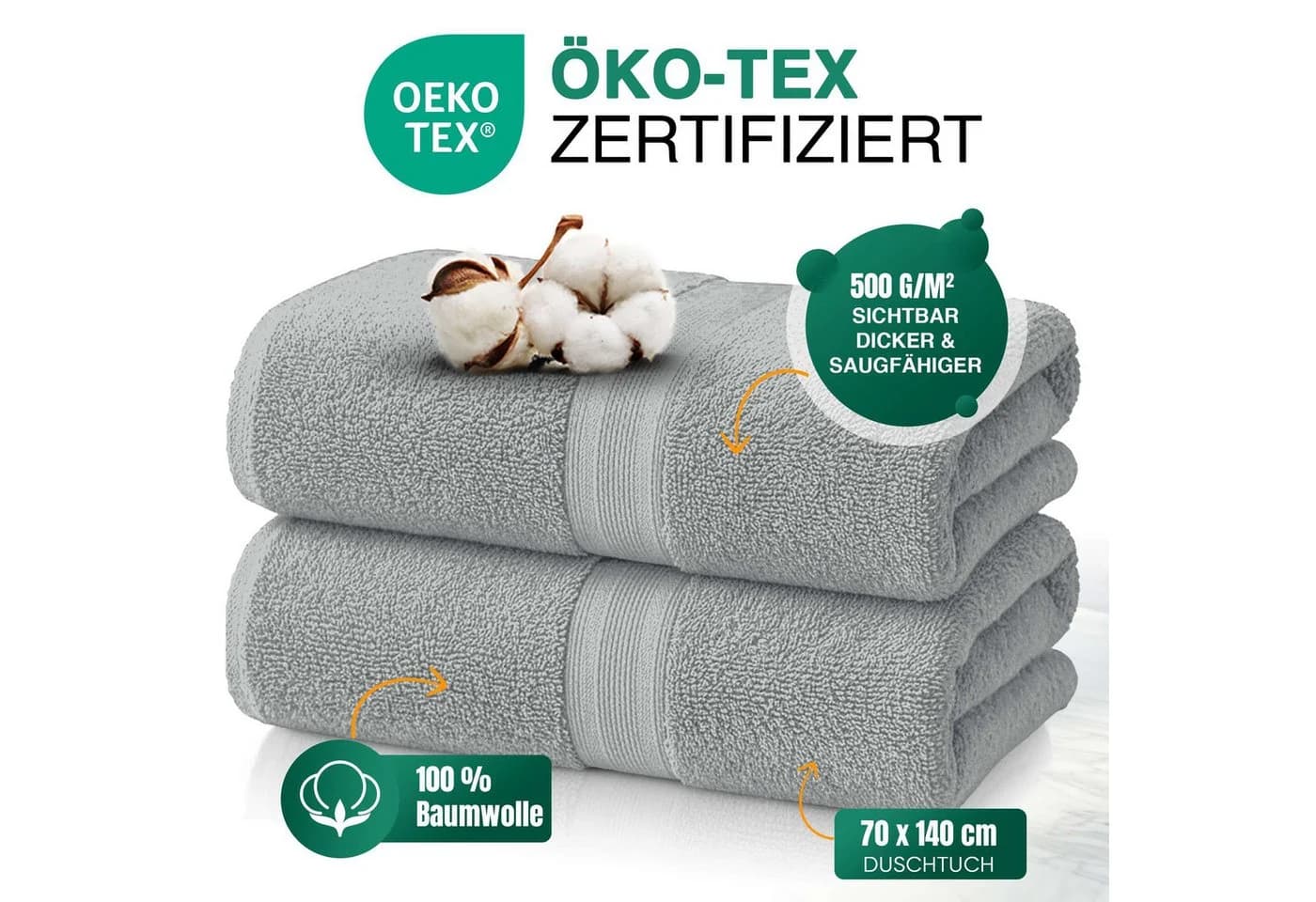 leevitex® Duschtücher 2er-Set 70x140 cm 100% Baumwolle Frottee Silber Grau - Bild 4